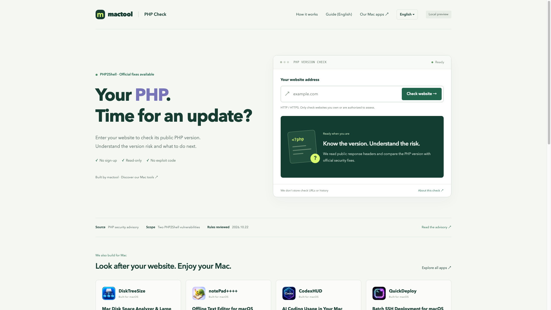 PHP Check's English interface with the website input, read-only check explanation, and mactool app links